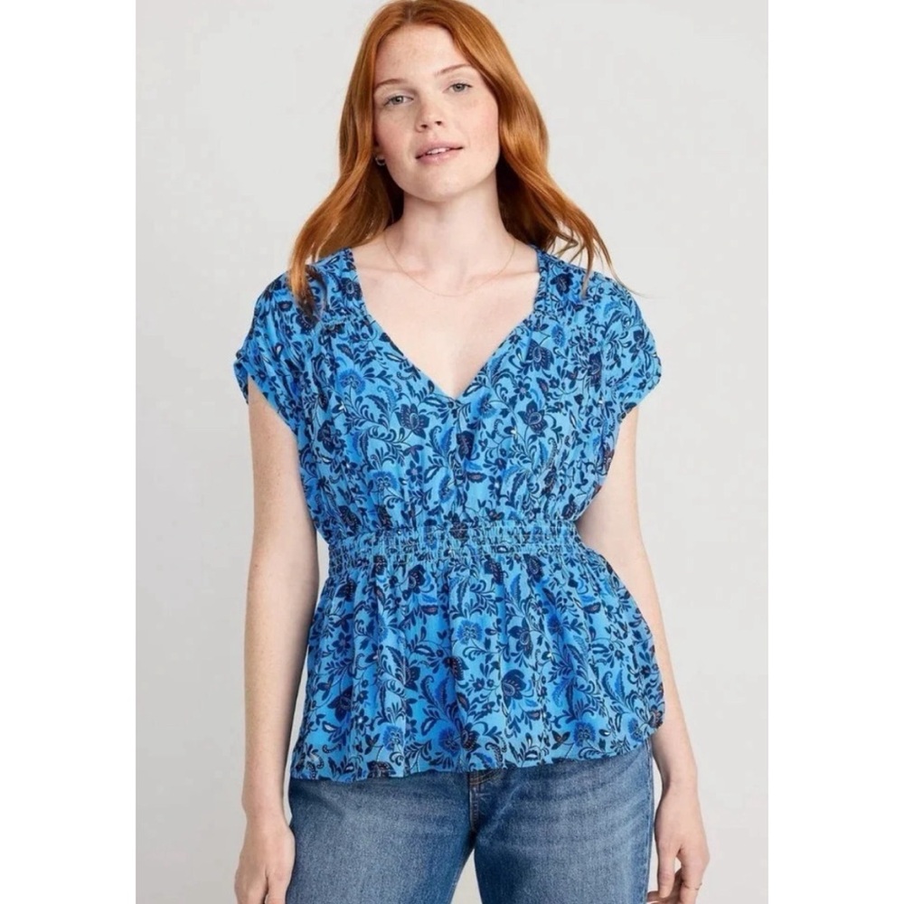 Old Navy V-Neck Ruched Waist Floral Blouse Top Blue Size Small